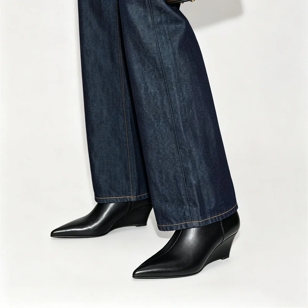 Women's Genuine Leather Pointed Toe Wedge Ankle Boots