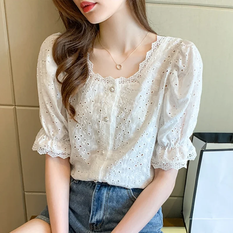 Short Sleeve Lace Hollow Out White Women Blouse Fashion Elegant Summer Vintage Tops Square Collar Shirt