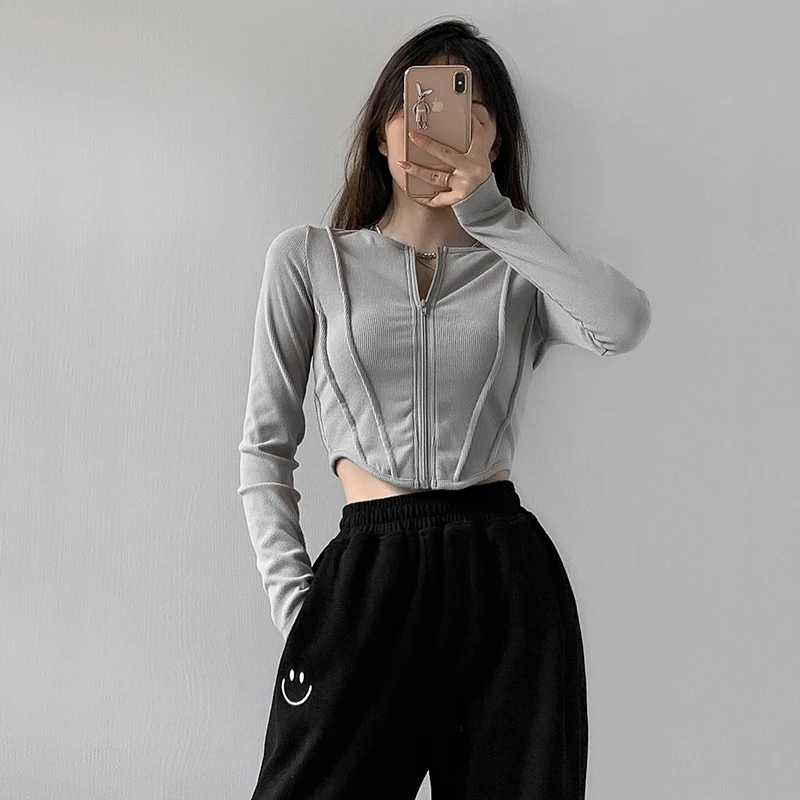 Korean fashion black crop top streetwear y2k fall outfits women long sleeve top sexy bright line t shirts blouses woman zip up