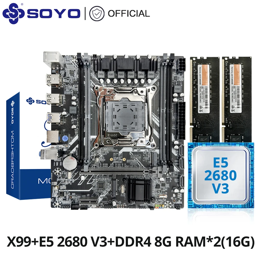 SOYO X99 Motherboard Set Kit With LGA2011-3 Xeon E5 2680 V3 CPU DDR4 16GB (2*8GB) 2133MHz RAM NVME M.2 SATA for Desktop Computer