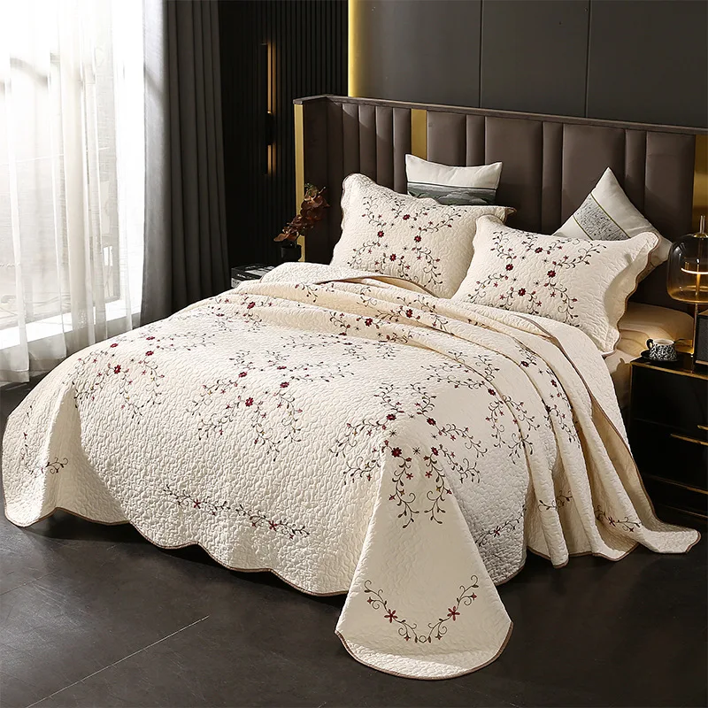 Modern European 3PCS Quilt Set Embroidered Skin-Friendly Breathable 100% Cotton Bedspread with Pillowcase Summer Thin Bedding