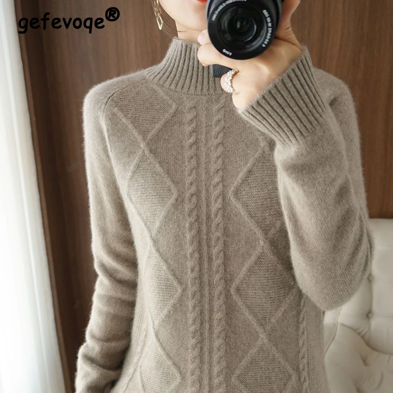 2023 Autumn Winter Women Fashion Half High Collar Soft Warm Knitted Sweater Female Solid Long Sleeve Loose Pullover Tops Jumpers