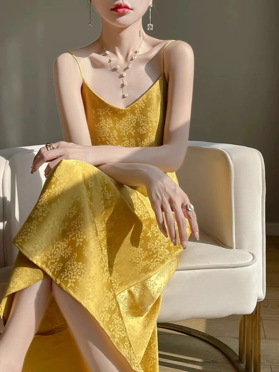 Vestido Largo de Verano para Mujer, Estilo Informal, con Encaje de Satén, Tirantes, Efecto Adelgazante, Estilo Elegante, Falda en Línea A, Sin Marca