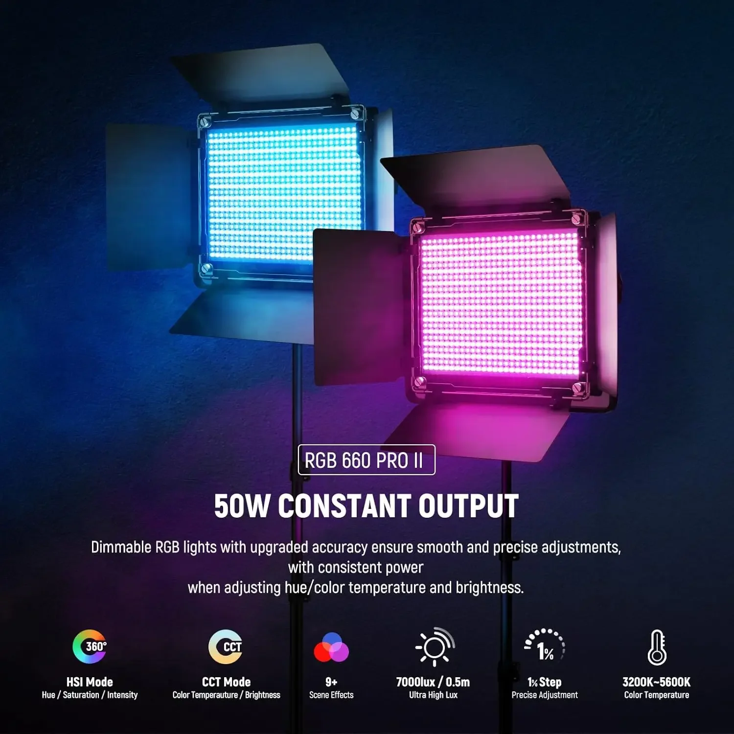 مصباح فيديو LED مطور 660 PRO II RGB مع مجموعة التحكم والحامل، عبوتان ثابتة 50 وات بدون تغيير لون/1% دقيقة دقيقة