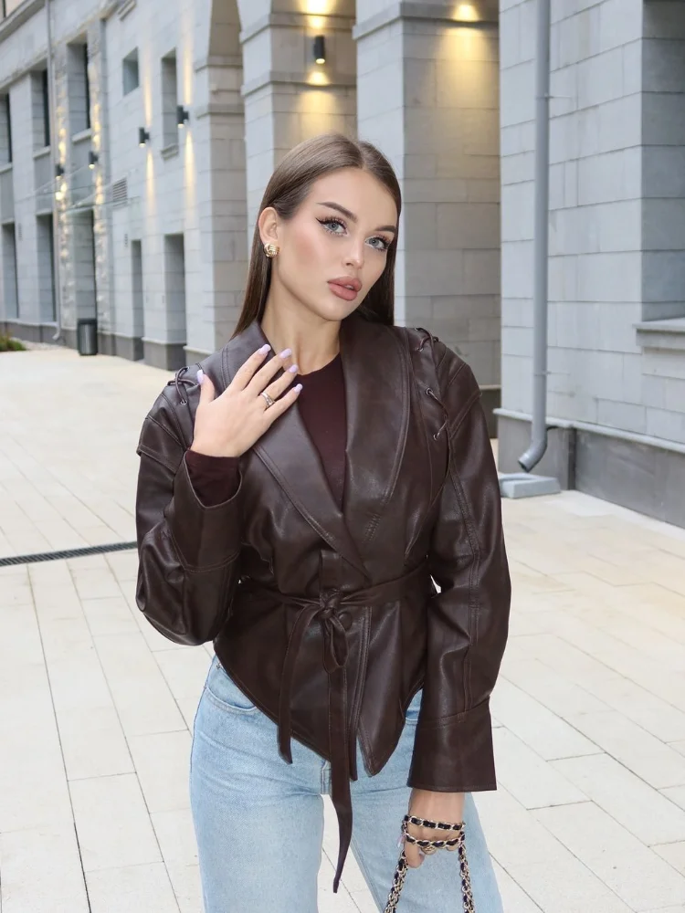 Chic Brown Faux Lambswool Women's Irregular Hem Coat Elegant Lapel Long Sleeve Belt Crop Jacket 2024 Autumn Winter Lady Overcoat