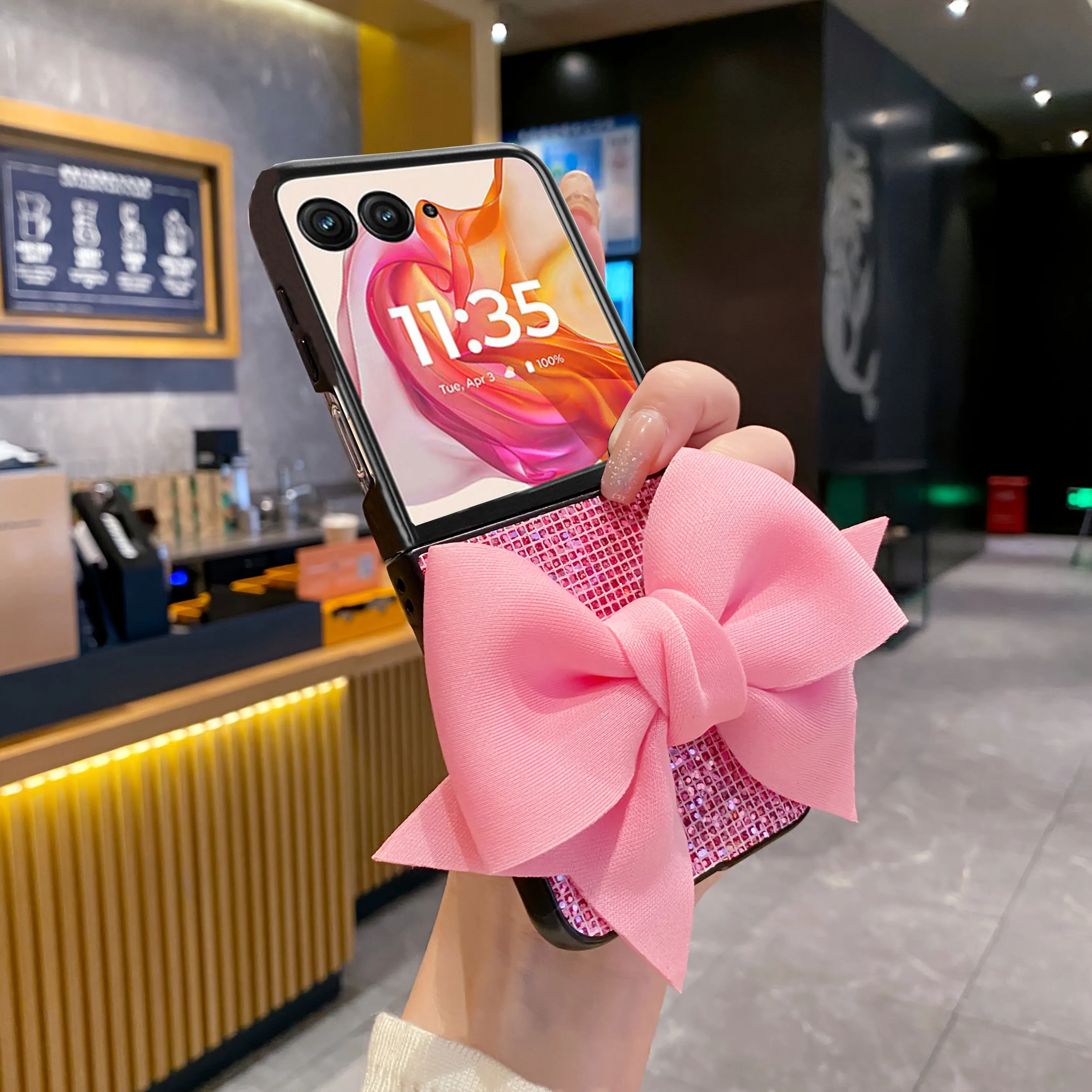 

Fashion Cute 3D Pink knit Bow Phone Case For Motorola Razr 40 50 60 70 Ultra 2025 70 + 2024 Shockproof Glitter Grid Hard Cover