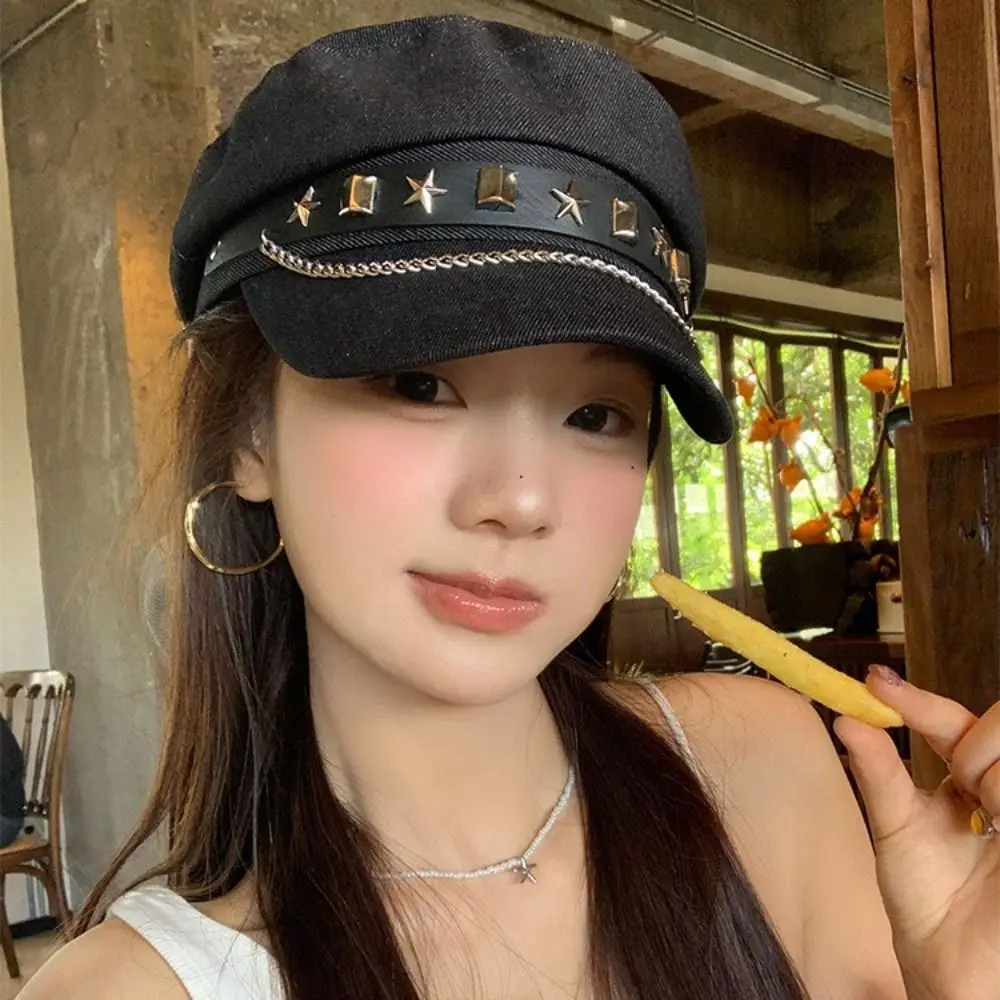 

Personality Cloth Rivet Denim Beret British Style Newsboy Cap Denim Octagonal Hat Cotton Artist Hat Retro Painter Hat Outdoor