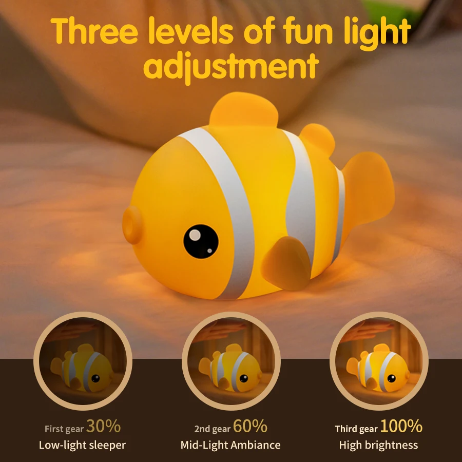 Clownfish Night Light Three-gear Dimmable Silicone Bedside Lamp for Kids Rechargeable Touch Led Nightlight for Bedroom Nursery