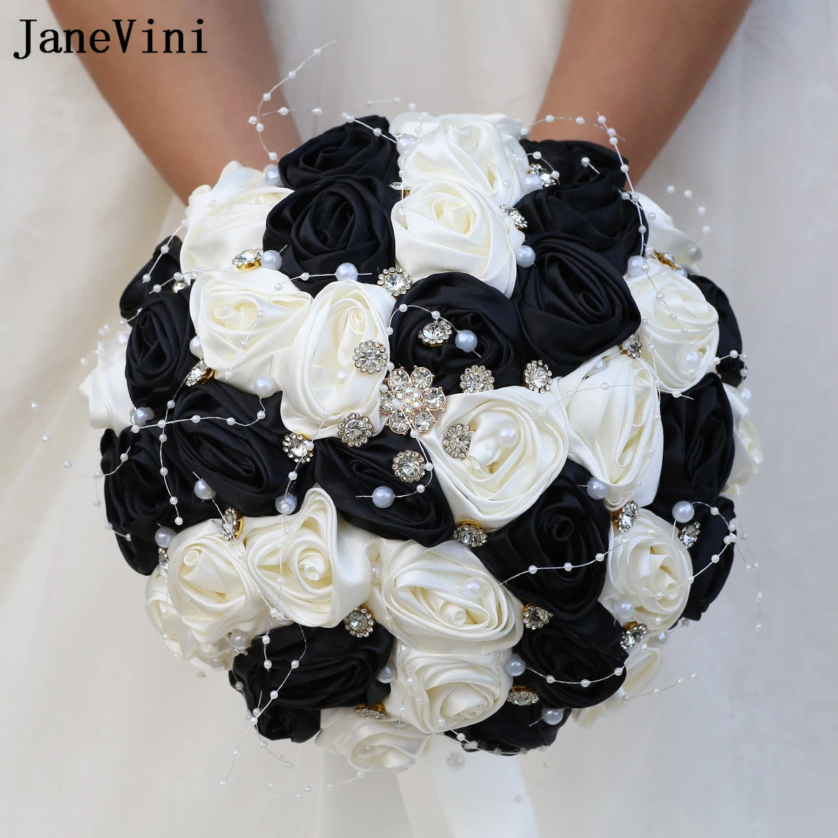 JaneVini 2024 Elegant Black Ivory Ribbon Flowers Bridal Bouquets Artificial Satin Roses Pearls Wedding Brooch Bouquet Customized