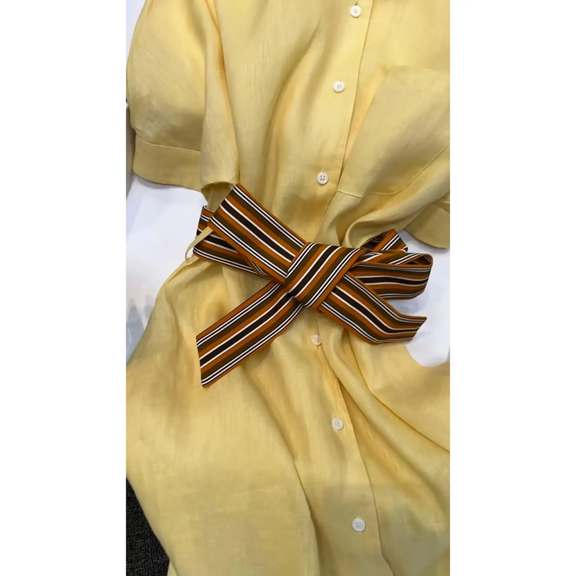 Ele Yellow  Collar Cotton Linen ort Sve Dr Summer High Waist A-Line Skirt Sle Women's Faion Dr