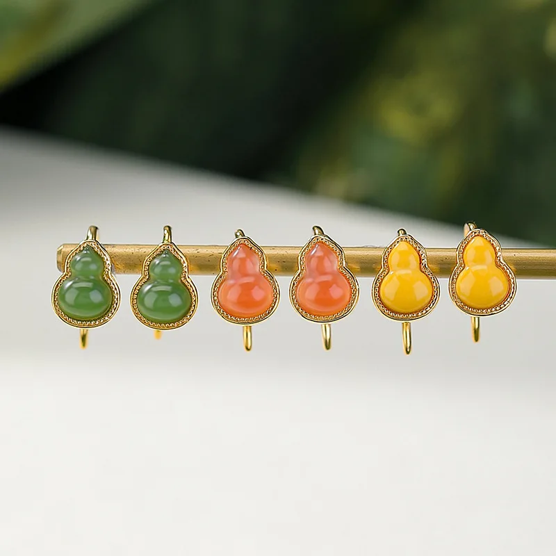 

S925 Sterling Gold Plated Hetian Jade Jasper Amber Red Agate Earrings Silver Jewelry Ear Hooks