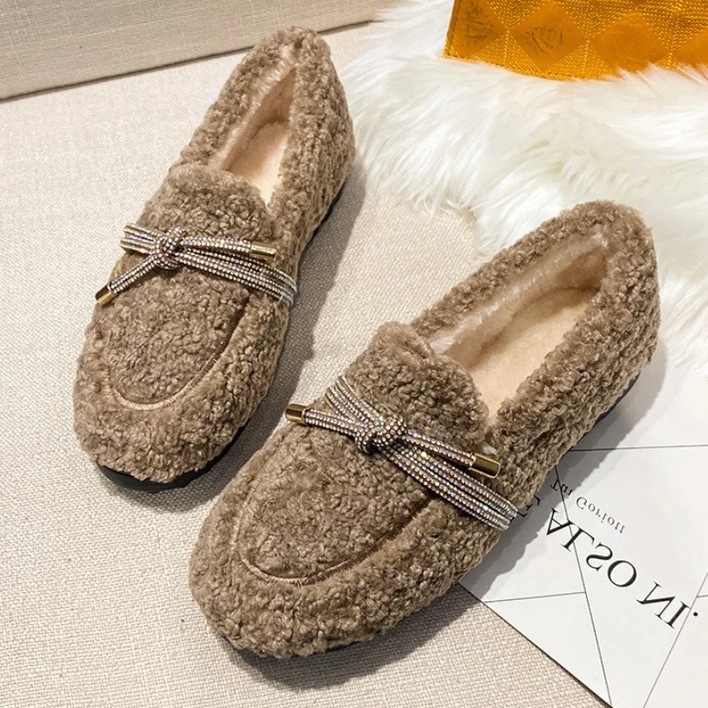

Luxury Crystal Bow Decoration Brand Designer Shoes Comfortable Flurry Loafers Women Winter new Warm Non-slip Flat Casual Shoes