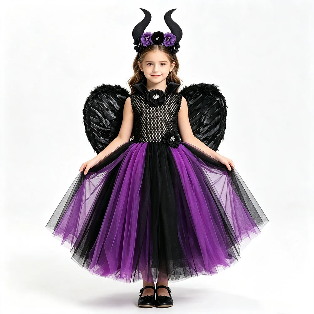 Evil Fairy Dark Witch Long Costumes for Girls Halloween Carnival Full Length Dress for Kids Demon Angel with Horns Feather Wings