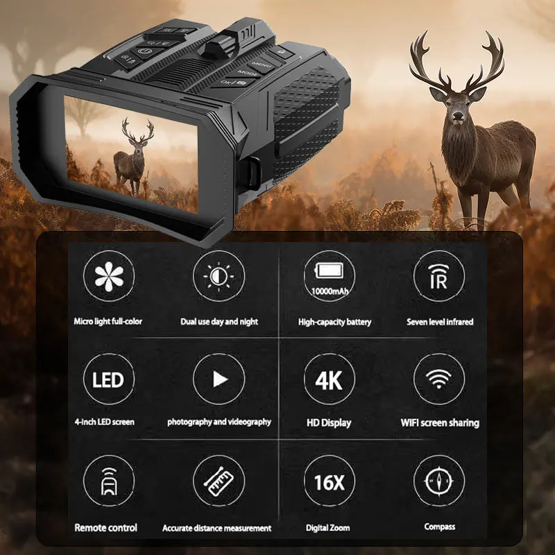 كاميرا فيديو جديدة للرؤية الليلية 4K مناظير رقمية 4 بوصة تكبير 16X مع جهاز تحكم عن بعد بمدى ليزر 300 متر، بوصلة Wi-Fi E #2