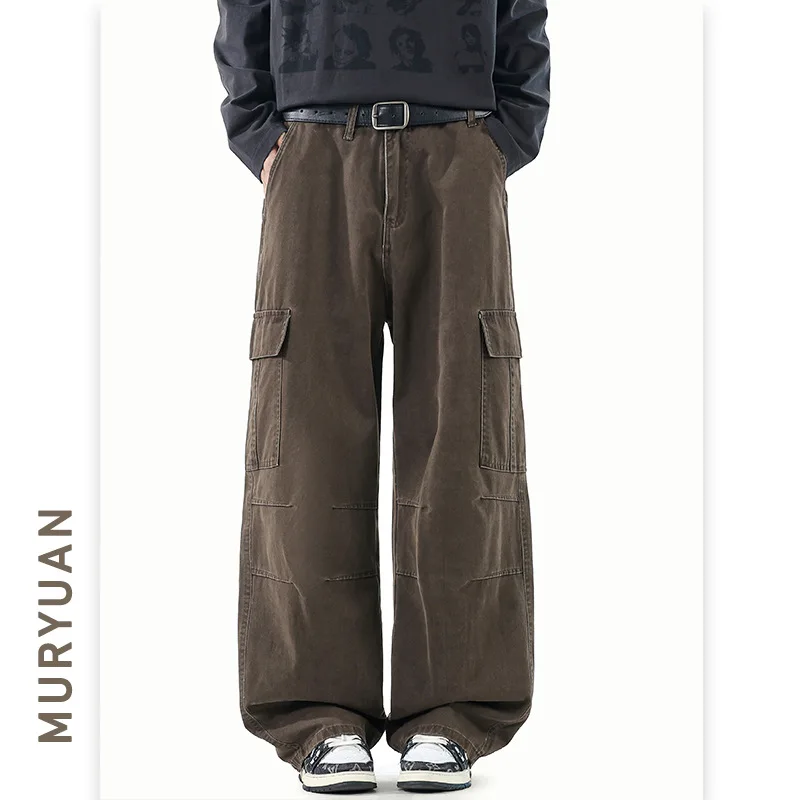

Japanese style 2025 New Fashion Men’s Solid Color Wide Leg Straight Casual Trendy Spliced Cargo Trousers Male Pants Clothes