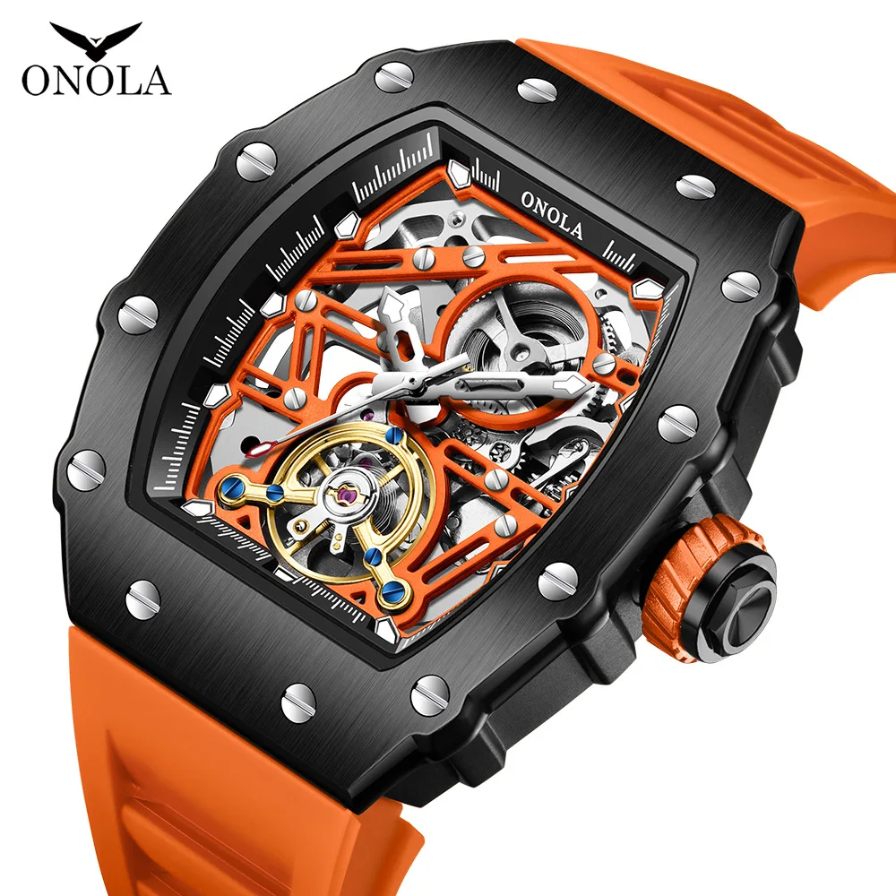 2024 ONOLA Automatic Watch For Men Sports Rubber Strap Tonneau Clocks Fashion Hollow Out Mechanical Wristwatch Man Free Shipping