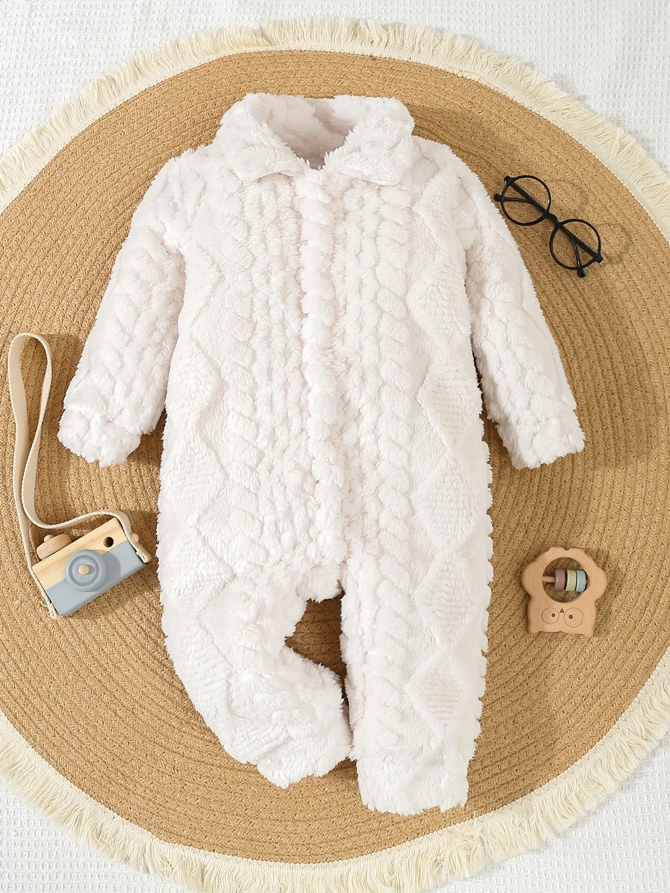 Baby Boy Autumn Winter Warm Fur Lapel White Onesie Baby Girl Jacquard Plush Long Sleeve Pants Clothing Cute Comfortable Soft