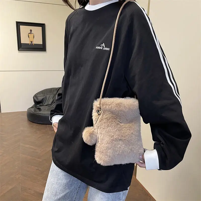 

Plush Phone Bag Autumn Winter Solid Color Elegant Women's Girl Fur Hanging Rope Bag Crossbody Shoulder Bag Bolsos Para Mujer