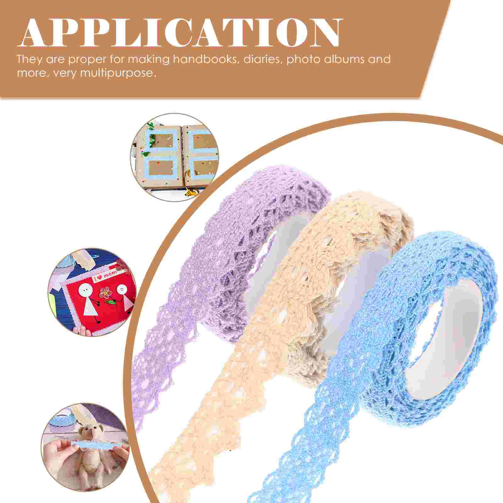 3 Rolls Fabric Lace Tape Adhesive Tapes Scrapbooking Crafts Notebook to Weave Delicate All-match Colors DIY Stickers