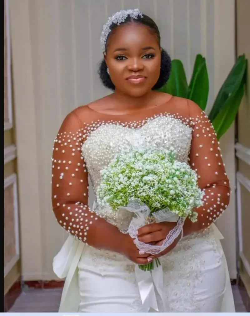 Robe de Mariée Sirène Personnalisée à Col Rond et Perles, avec Poignées, Traîne Amovible, Manches sulf, Grande Taille, pour Patients