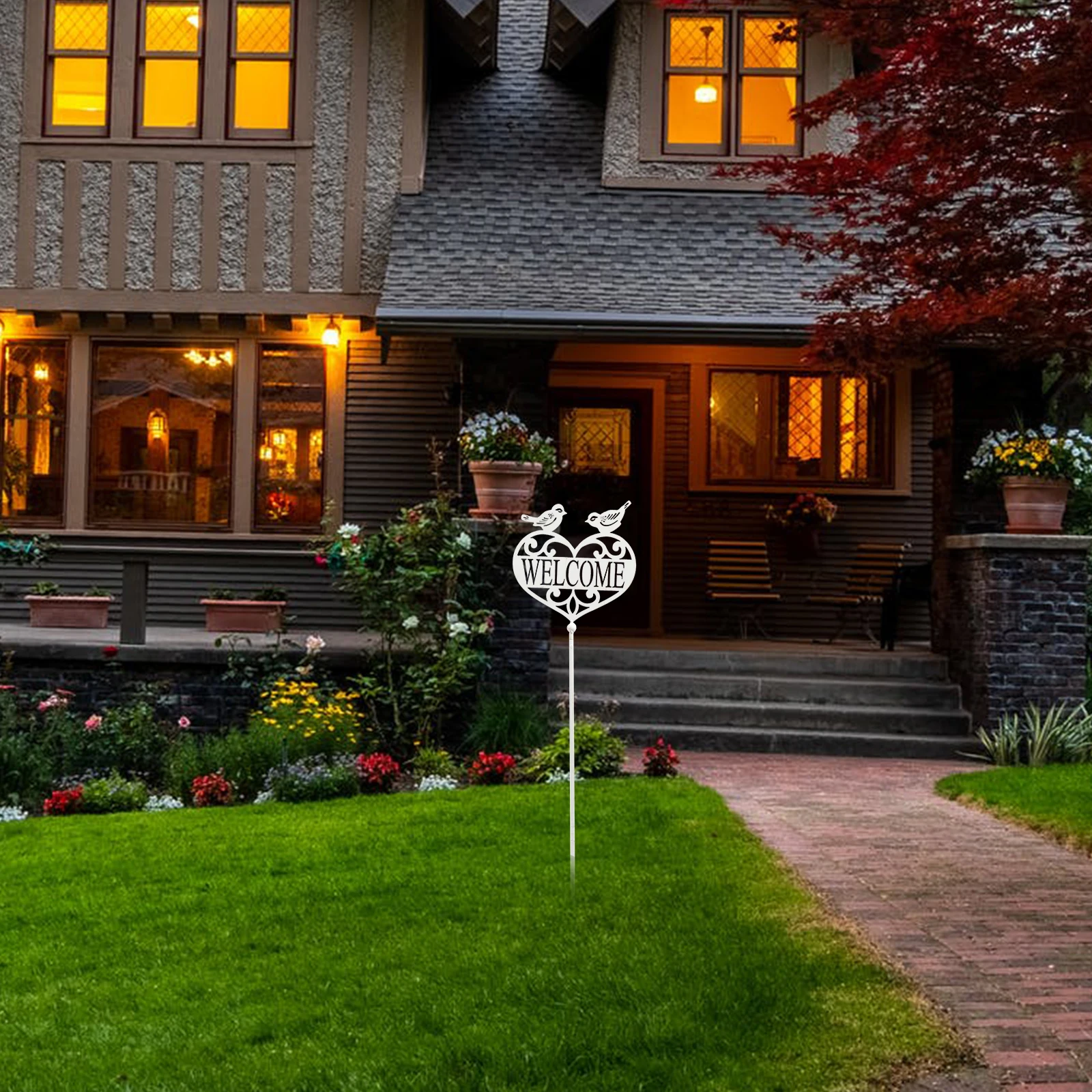 

Welcome Sign Decor Lovely Garden Stake Plug in Yard nament Wrought Iron Creative Metal Durable Easy Insert Lawn Balcony