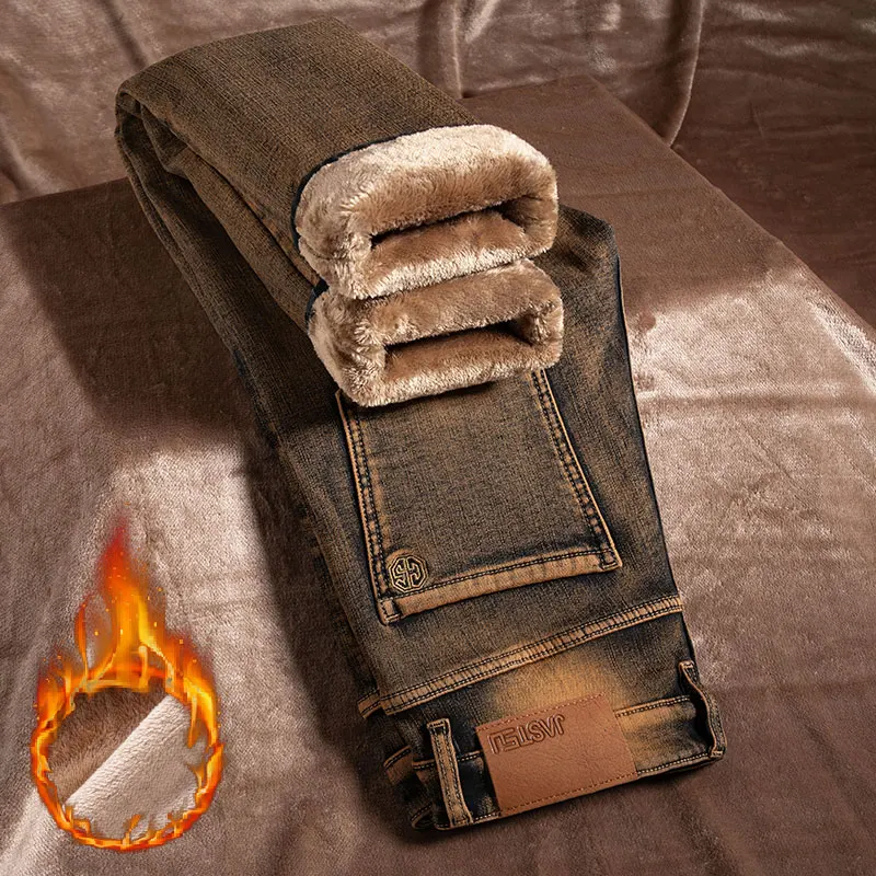 Winter Warm Fleece Jeans Men's Thick Thermal Casual Straight Denim Pants Male Business Work Stretch Trousers New Clothing