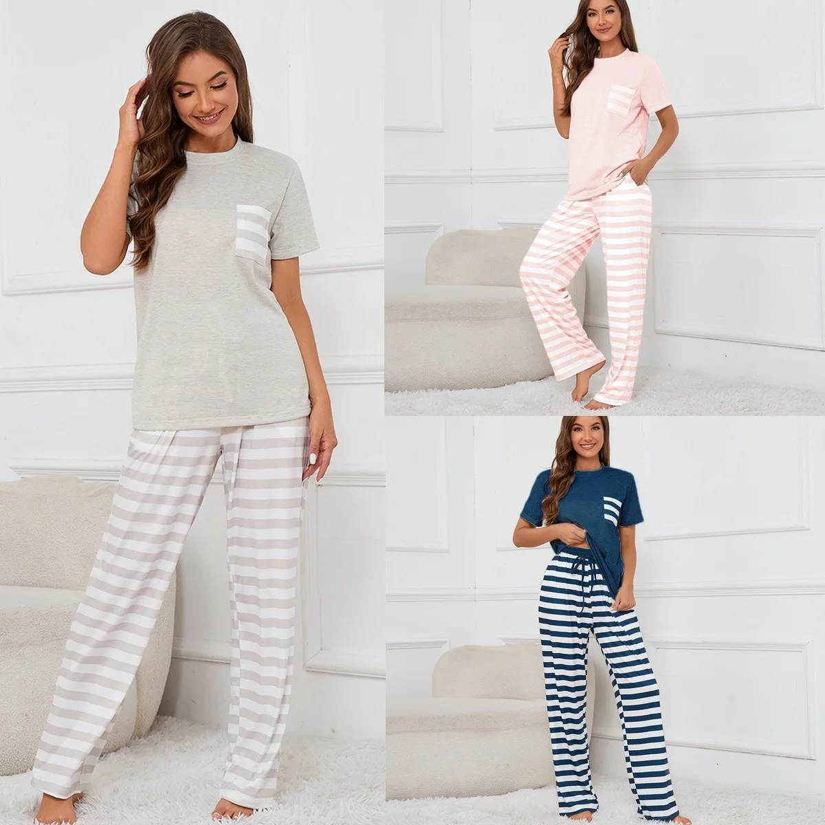 

Women's Short Sleeve Top & Striped Pants Pajama Set Soft Loungewear