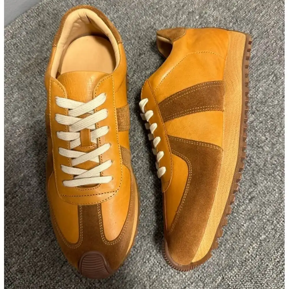 Caramel Brown Leather & Suede Sneakers, with off-white laces and gum sole, stylish and comfortable