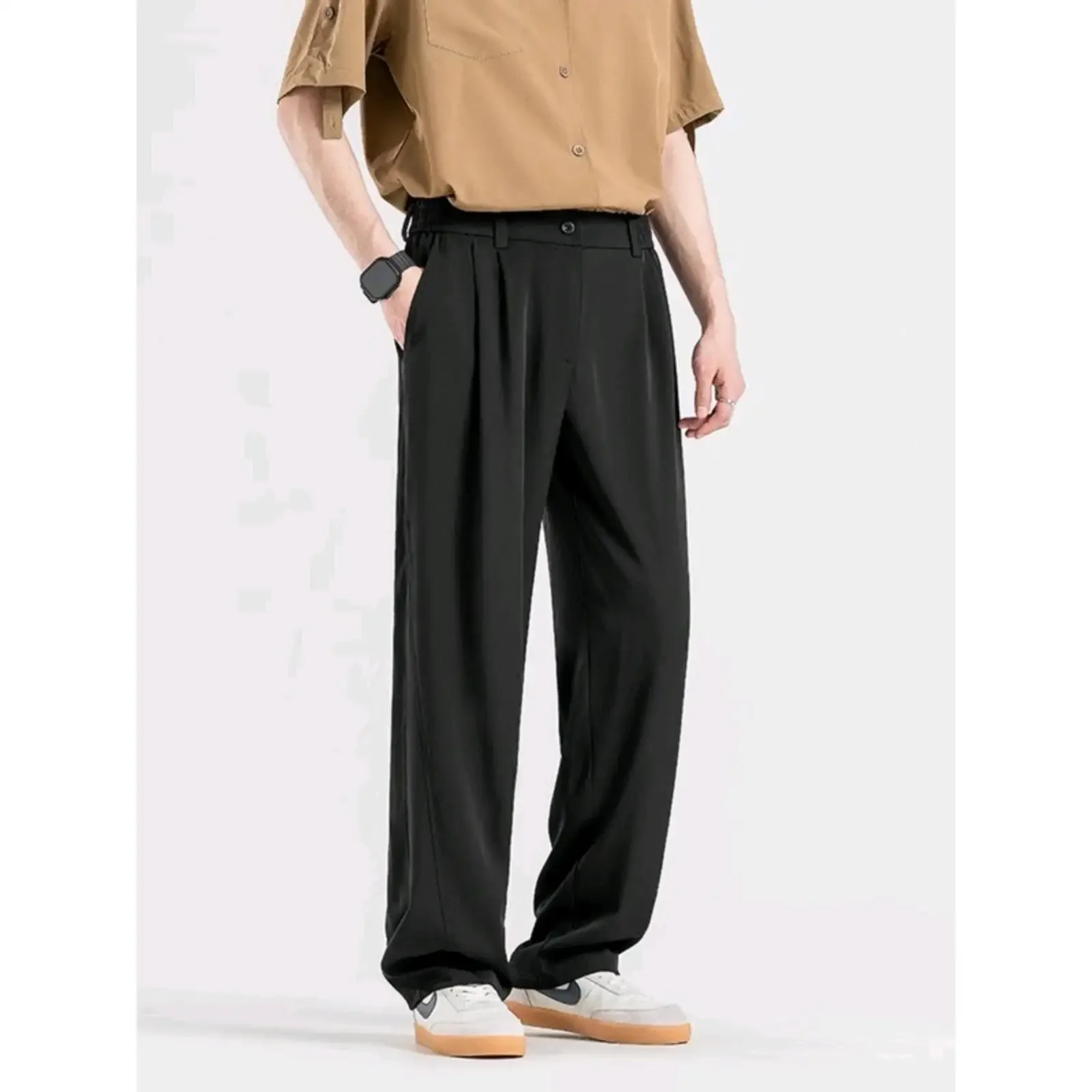 Summer Men's Solid Color Simple Basic Casual Trendy Business Straight Wide Leg Silk Suit Trousers Male New Fashion Pants Clothes