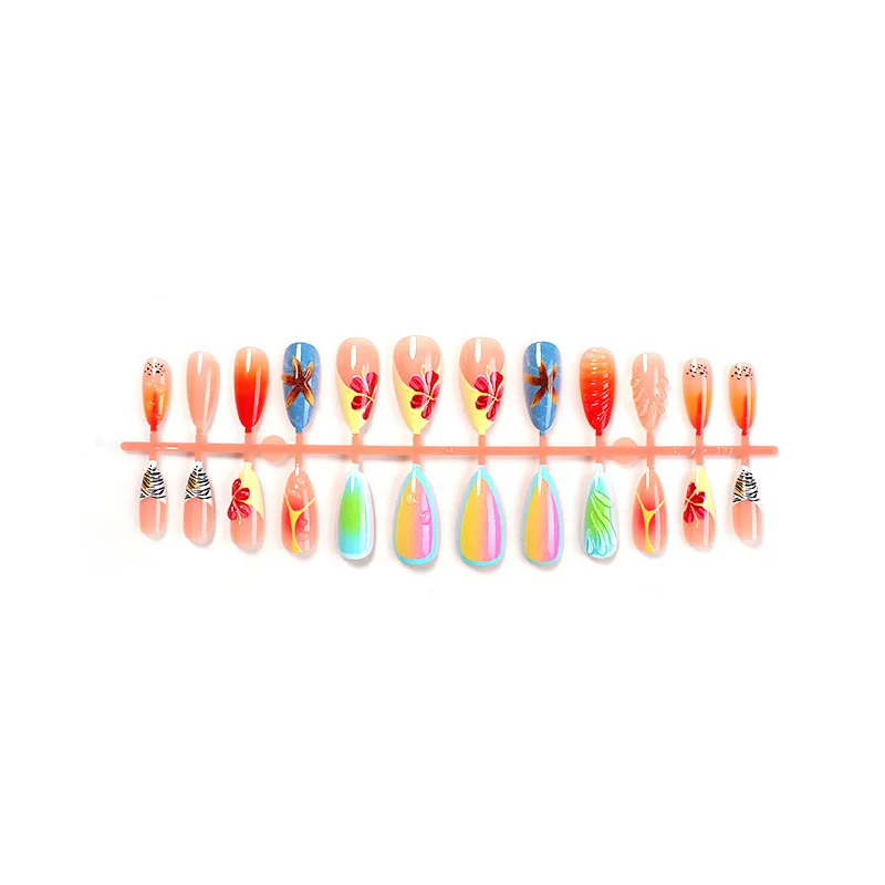 24pcs 3D Starfish French False Y2k Nails Press On Acyrlic Nails Crystal Stripe Decor Long Almond Gradient unghie finte rimovibili