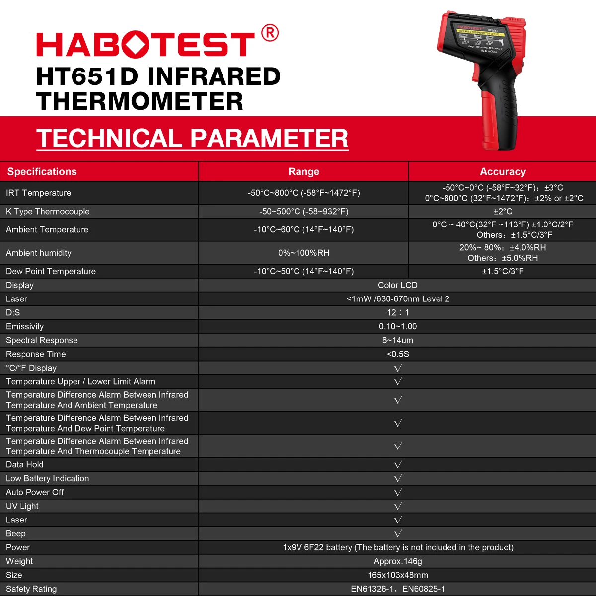 HABOTEST HT651D Infrared Thermometer Laser Temperature Meter -50-800℃ Non-contact Industrial Infrared Laser Temperature Meter