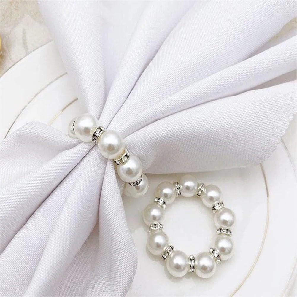 

20PCS Elegant Pearl Napkin Rings Sliver Elastic Serviette Holder For Wedding Party Banquet Dinner Napkins Holder Decoration