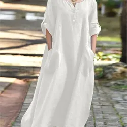 Casual Loose Cotton Linen Maxi Dresses Women's Autumn Long-sleeve V-neck Long Dress Fashion Pocket Button Oversized Vestidos