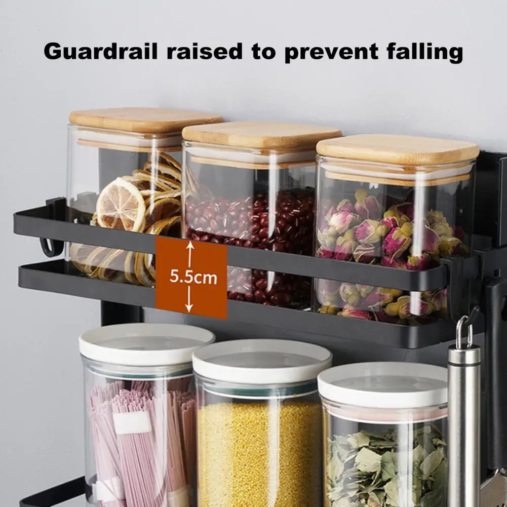 Double-layer Storage Rack Durable Metal Storage Holder Magnetic Spice Rack with Guardrail Design for Kitchen for Organizing