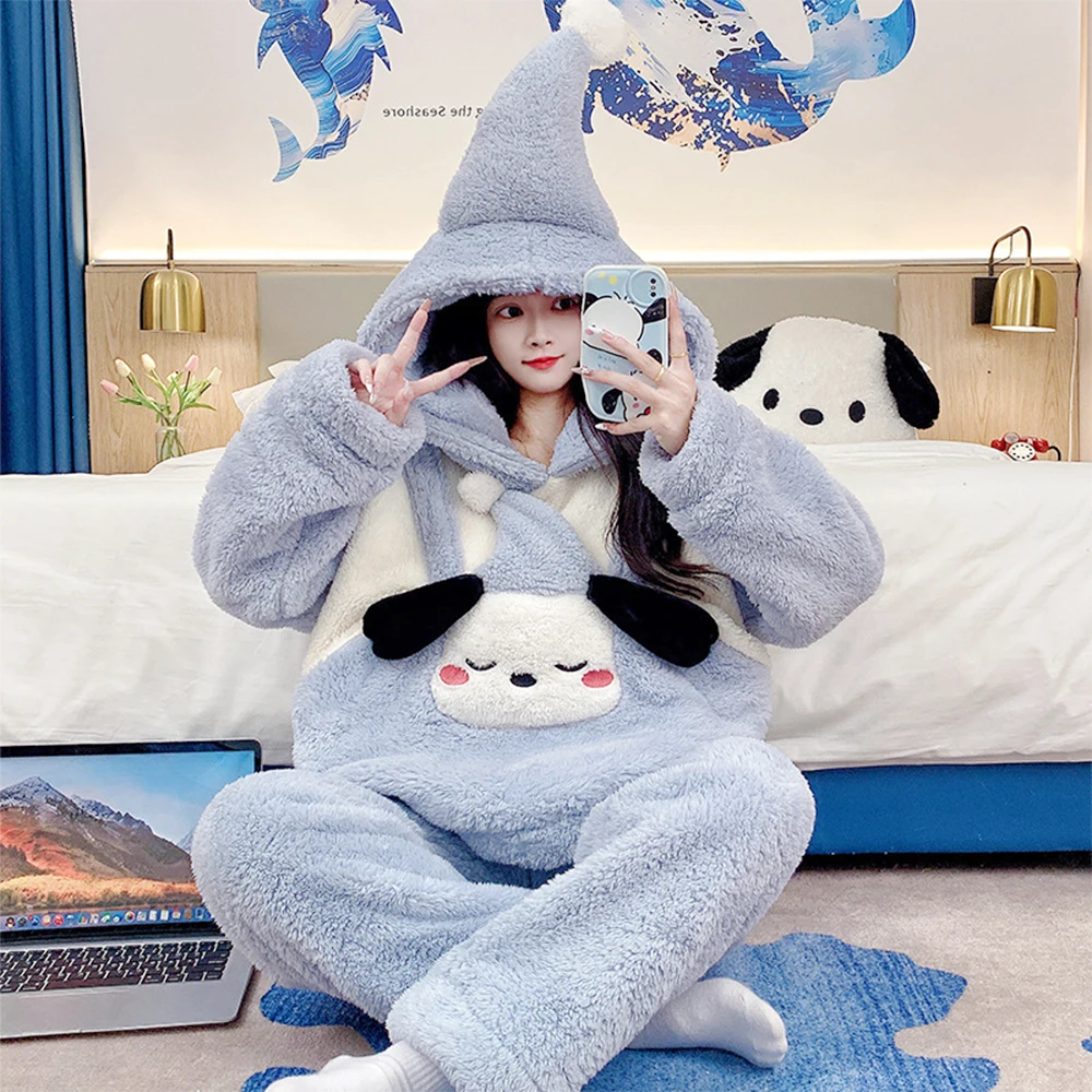 Kawaii Pochacco Women's Pajamas Suit Sanrioed Anime Pochacco Coral Velvet Thickened Hooded Nightwear Girls Winter Homewear Gift