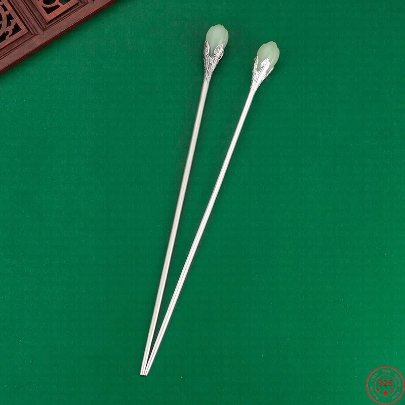 S925 Sterling Silver Hair Sticks for Women Silver Colors or Retro Orchid Inlaid Jade Hair Forks Hairpin Jewelry Wholesale