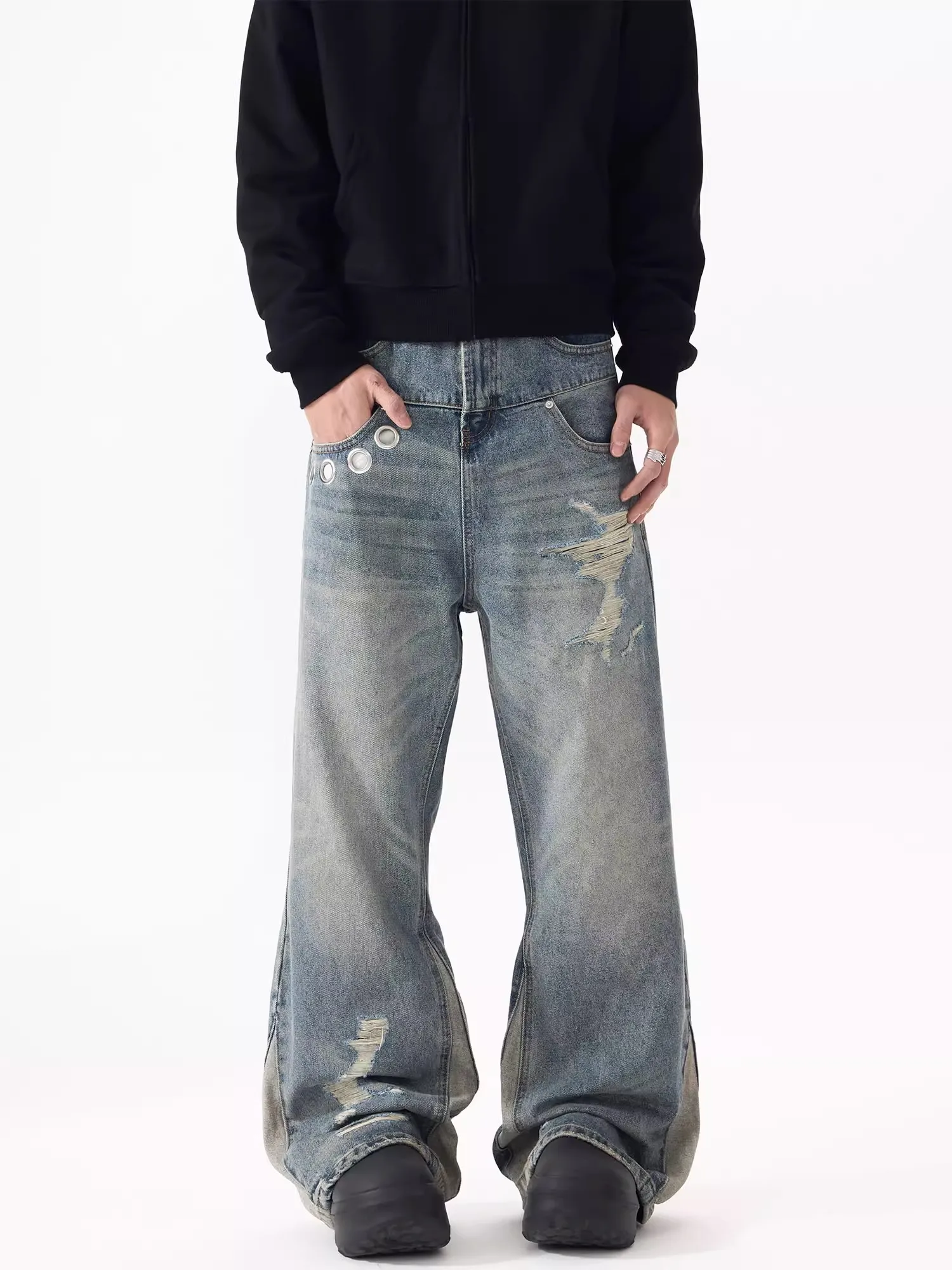 الرجعية الأمريكية تصميم الجينز زوجين مباراة البالية نظرة فضفاضة السراويل الطويلة عارضة مستقيم الساق الجينز الاتجاه الشباب