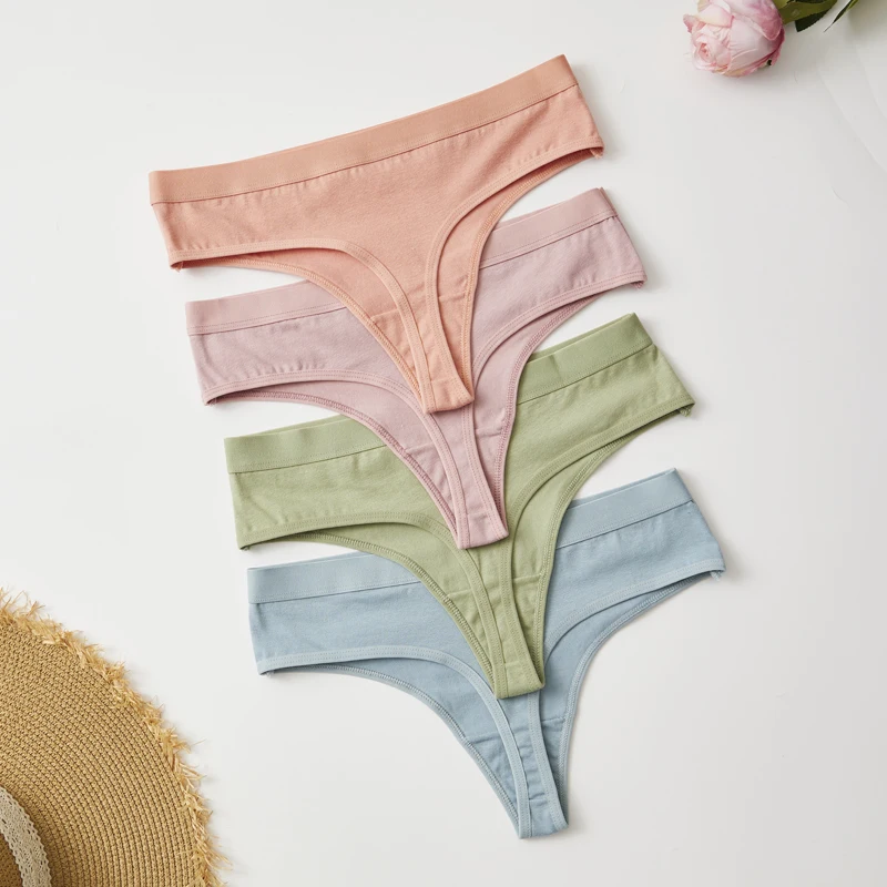 4PCS Cotton Women's Thongs Solid-Color Women's Panties Low-Rise Breathable Sexy Suitable for All Seasons