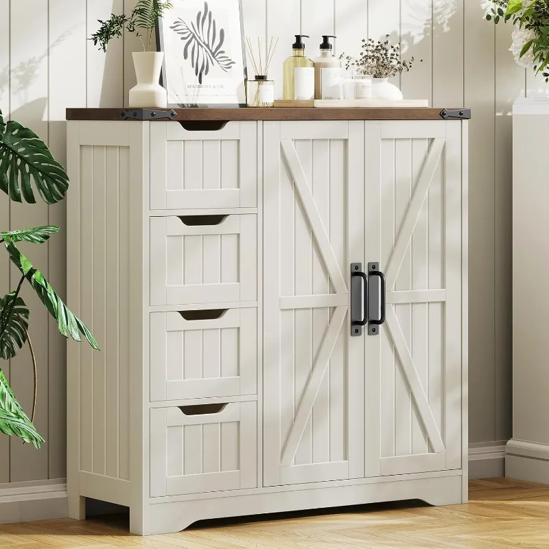 خزانة حمام المزرعة، خزانة تخزين قائمة بذاتها مع 4 أدراج وبابين، منظم تخزين ريفي مع أدوات