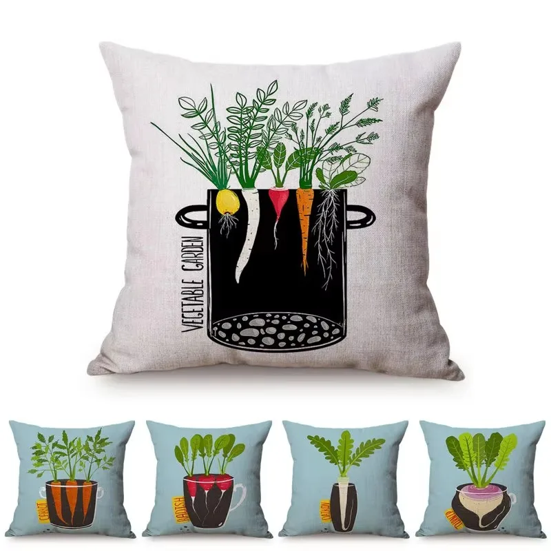 Vegetables Carrot Cartoon Painting Pillowcase Home Sofa Square Pillow Case Cute Bonsai Pattern Decorative Cushion Cover 45X45cm