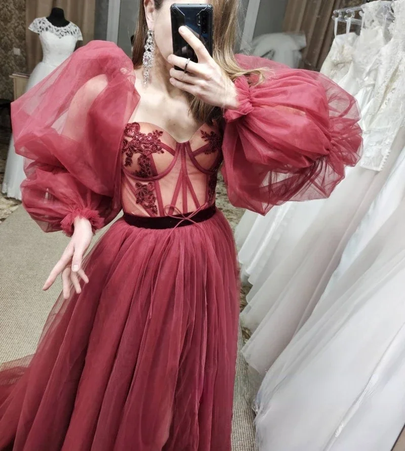 Vinho vermelho preto vestido para mulheres sexy puff manga moda a linha frente dividir festa de noite vestidos formais 2026