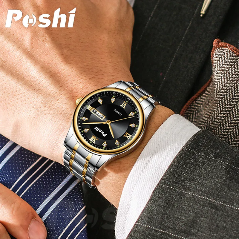 POSHI 남성용 럭셔리 시계 남성용 쿼츠 시계 MaleWristwatch 방수 빛나는 합금 스트랩 날짜 비즈니스 시계 남자