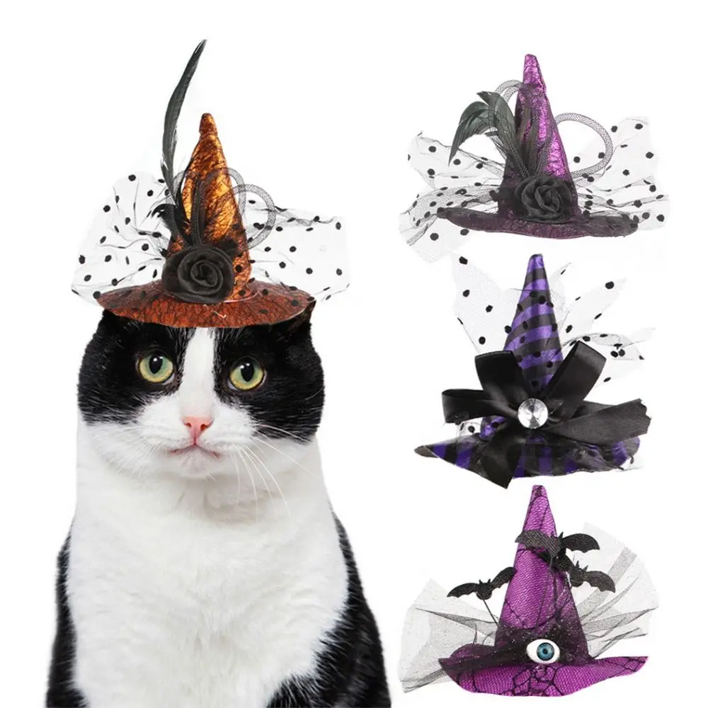 

Pet Accessories Decorative Pet Witch Hat Stripe Lace Cat Cosplay Hat Adjustable Dog Bat Hat for Cat Puppy