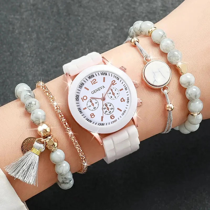 5PCS white comfort silicone strap women\'s quartz watch with marble fringe beaded bracelet set Casual classic wear gift