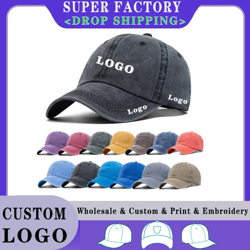 

Custom LOGO Retro Washed Cotton Baseball Caps for Women Men Sun Hats Sunscreen Caps Print Embroidery Logo DIY Design Soft Top