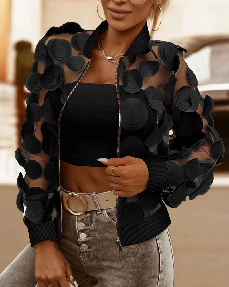 

2024 Floral Pattern Sheer Mesh Baseball Collar Coat Zip Up See Through Casual Jacket