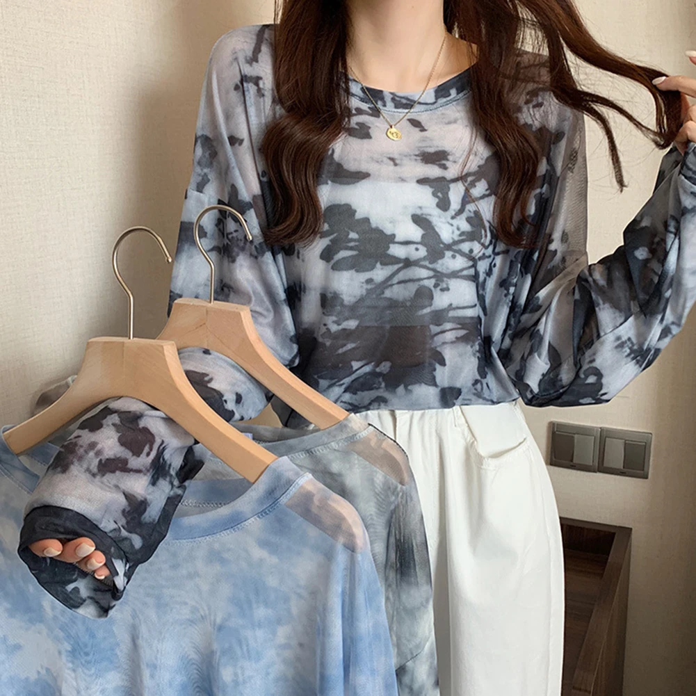 

Ice Silk Blouse Tie Dyed T Shirt Beach Vacation Autumn Apparel Casual Style Regular Length Round Neckline Slight Stretch