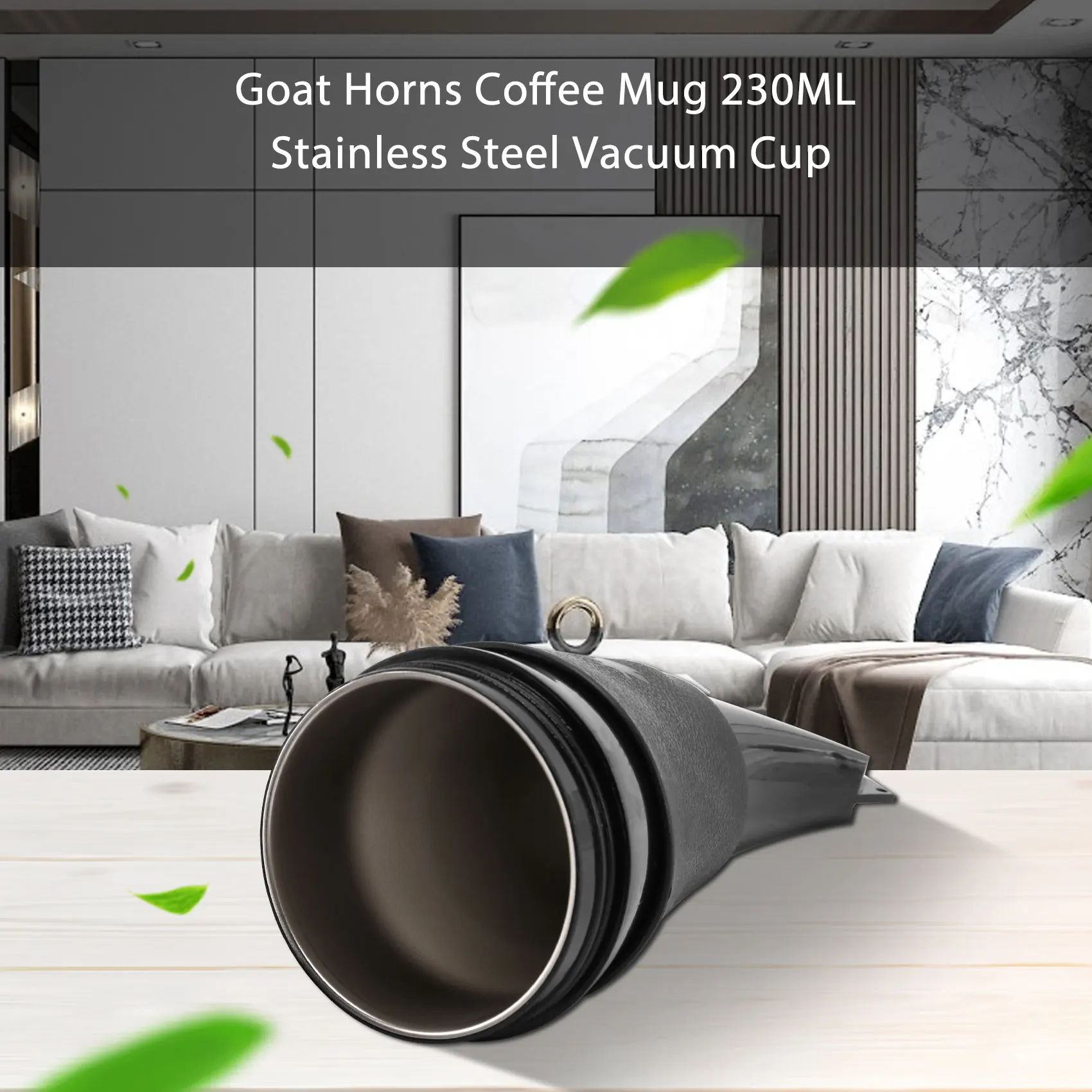 Goat Horns Coffee Mug 230ML Stainless Steel Vacuum Cup Thermos Flask Tea Cups Travel Couple Water Bottle with Rope-Black