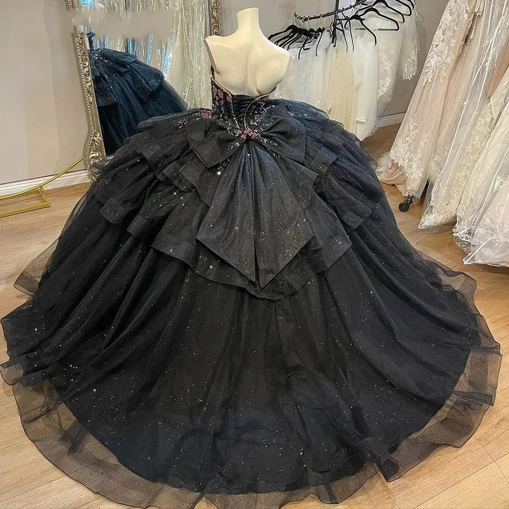 ANGELSBRIDEP Black Sweetheart Princess Quinceanera Dresses Vestidos De 15 Anos Tulle Beading Train Ball Gown Birthday Party