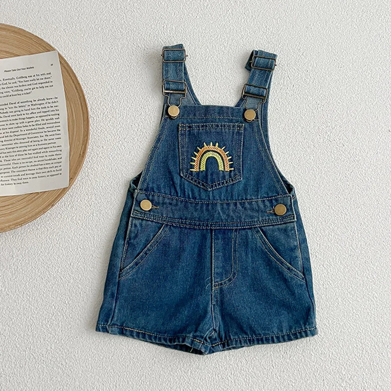 Sommer Baby Denim Overall Sticken Regenbogen Kleinkind Kind Junge Mädchen Tasche Lose Hosenträger Insgesamt Jeans Mode Overalls Kleidung – Detail 5